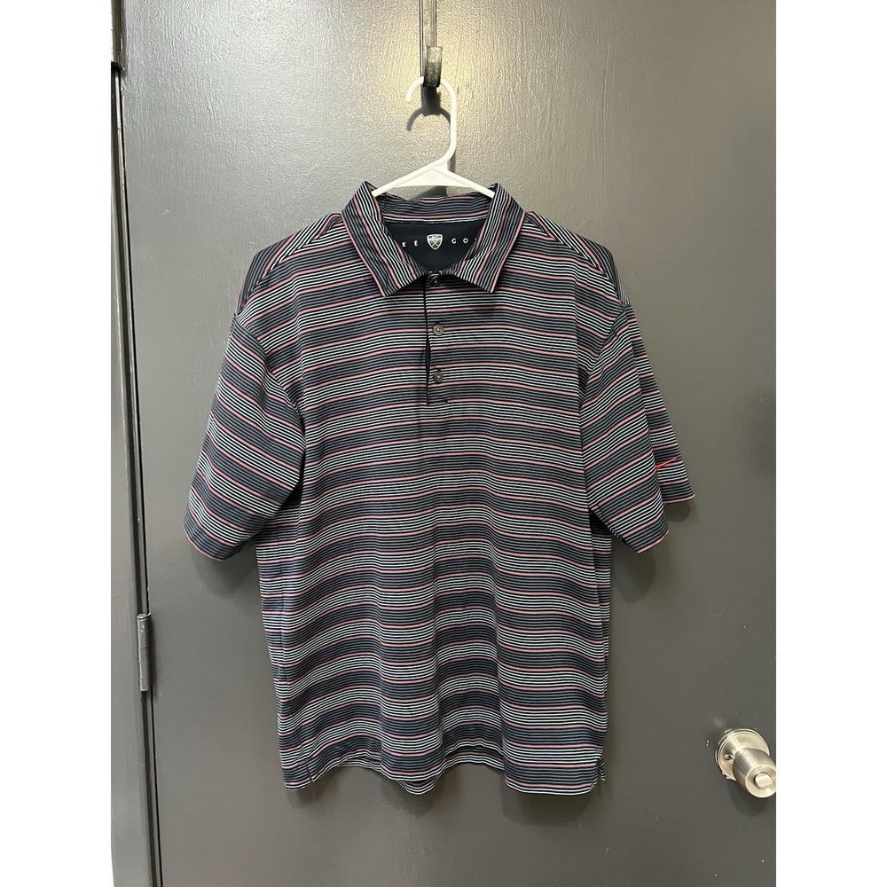 Nike Golf Polo Shirt Mens Sz L Blue Pink Striped Lightweight Dri Fit UV